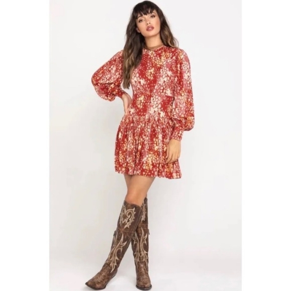 Free People Heartbeats Mini Skater Dress in Elegant Red Floral Print,Long Sleeve - Picture 8 of 8